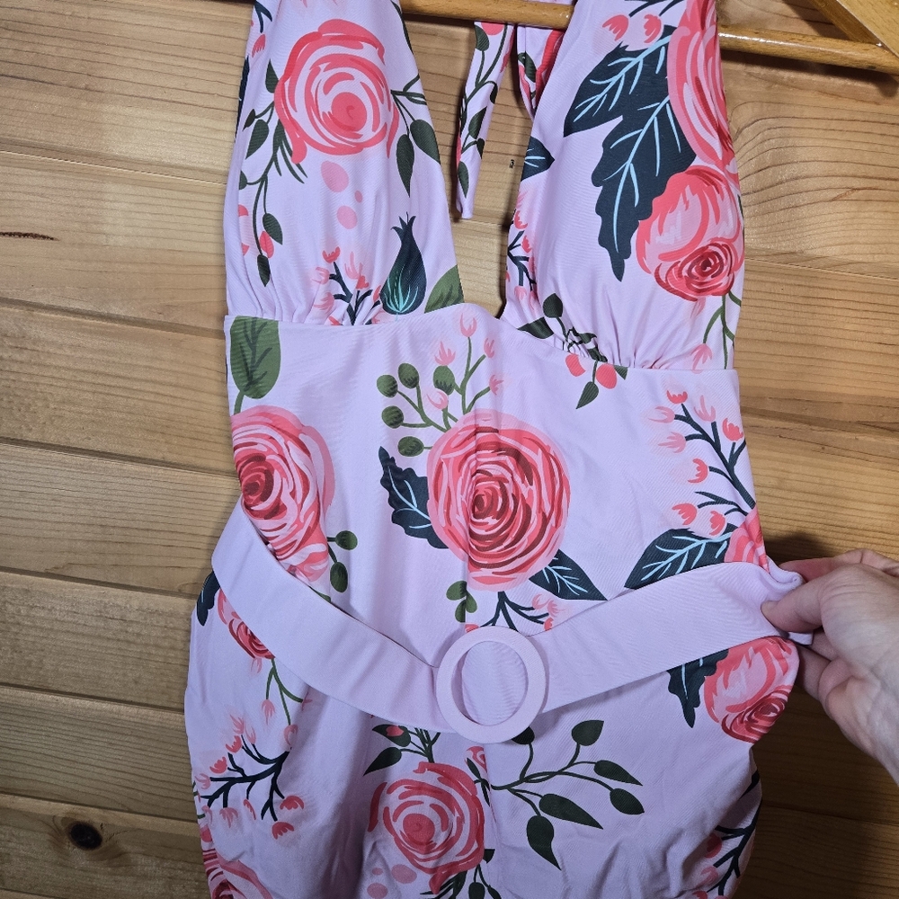 Floral Halter Neck One Piece Swimsuit - Picture 2 of 9